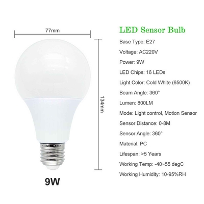 Bulbo de sensor inteligente E27 Sensor de luz diurno-noite Bulbo LED com detecção de movimento por radar PIR